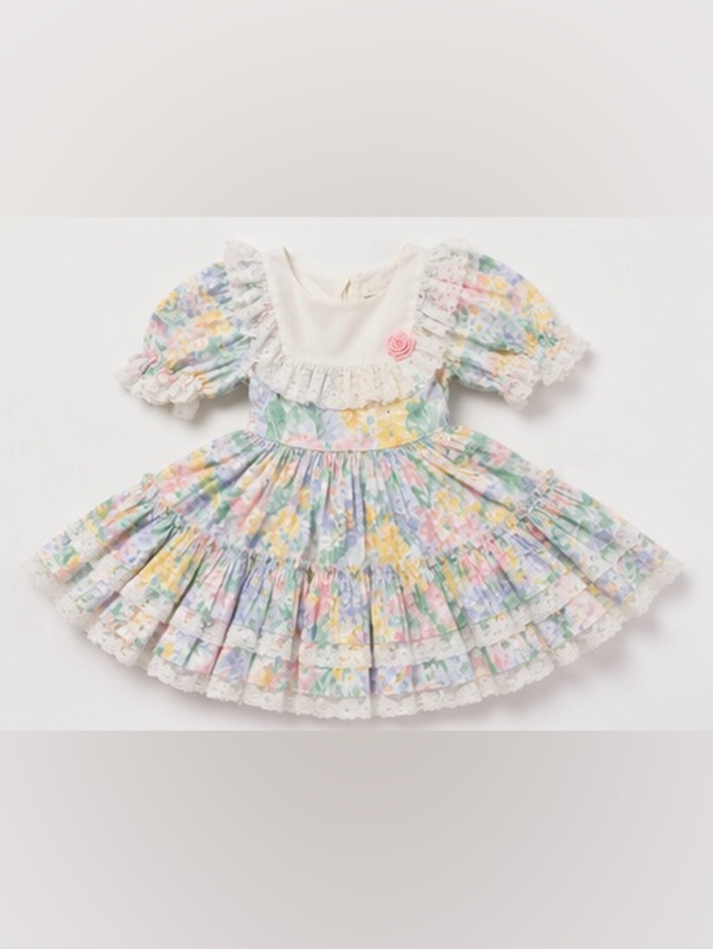 Pastel Floral Lace Dress with Ruffled Bib for Girls - Picture 2 of 4